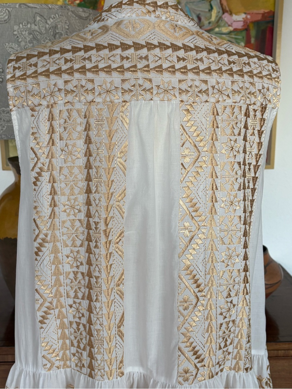 Greek Archaic Kori White and Gold Embroidered Sleeveless Tiered Dress - Picture 5 of 8